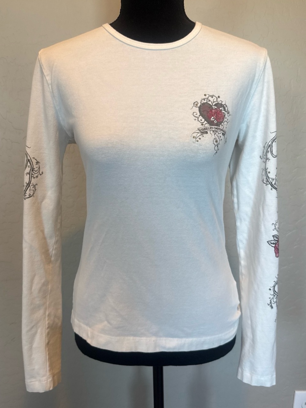 Harley Davidson white graphic long sleeve with rose rhinestone detailing